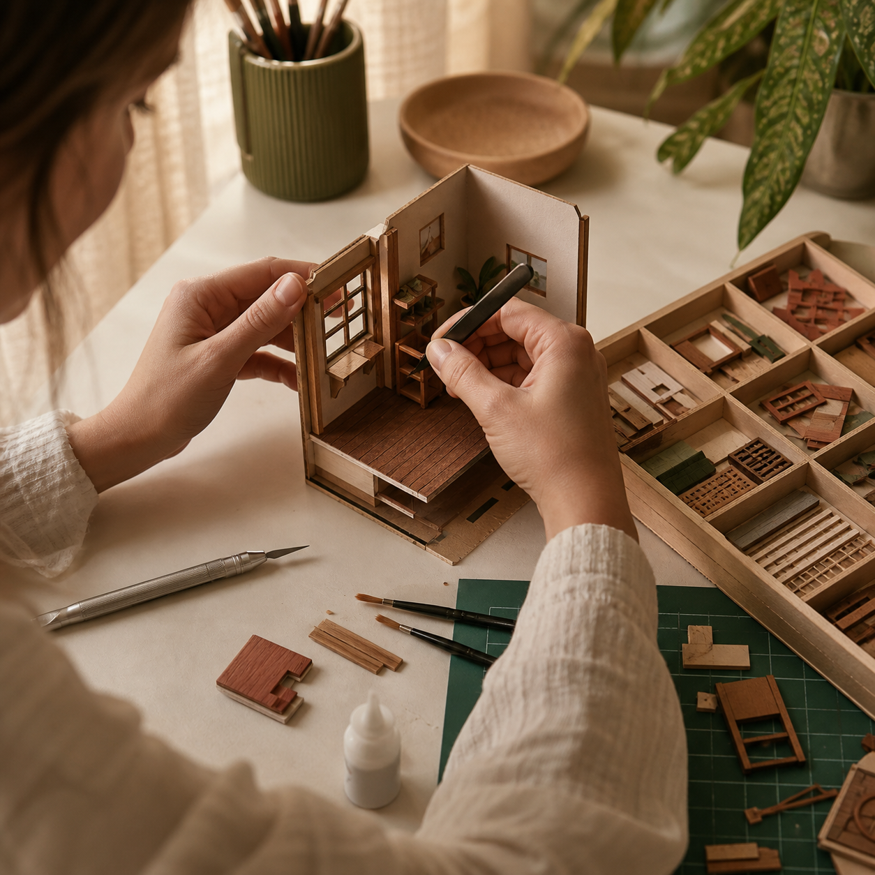 Adult maker assembling a miniature interior